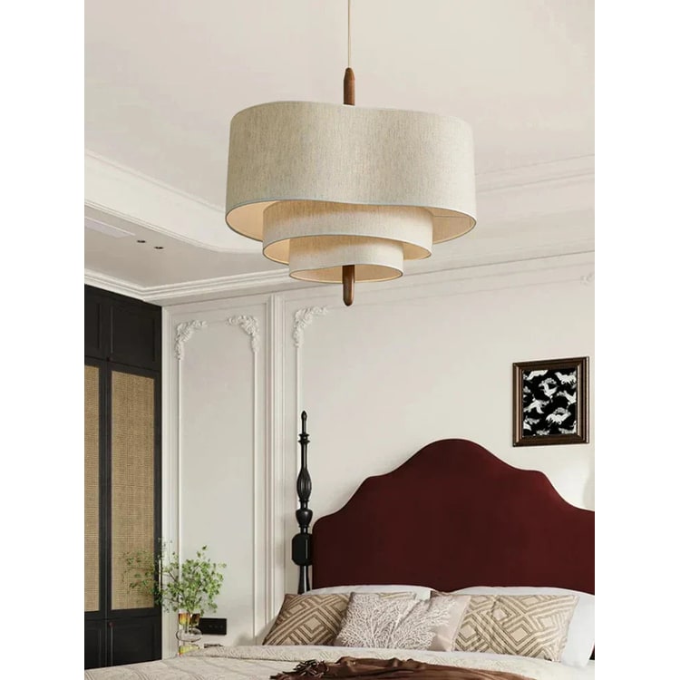 Tiered Linen Pendant Light with Wood Accents – Dining Room Chandelier