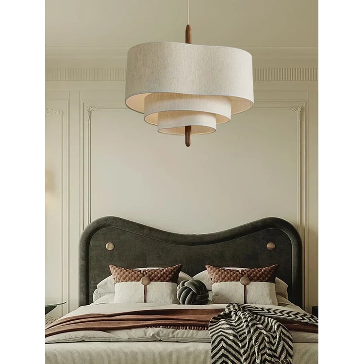 Tiered Linen Pendant Light with Wood Accents – Dining Room Chandelier