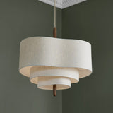 Tiered Linen Pendant Light with Wood Accents – Dining Room Chandelier