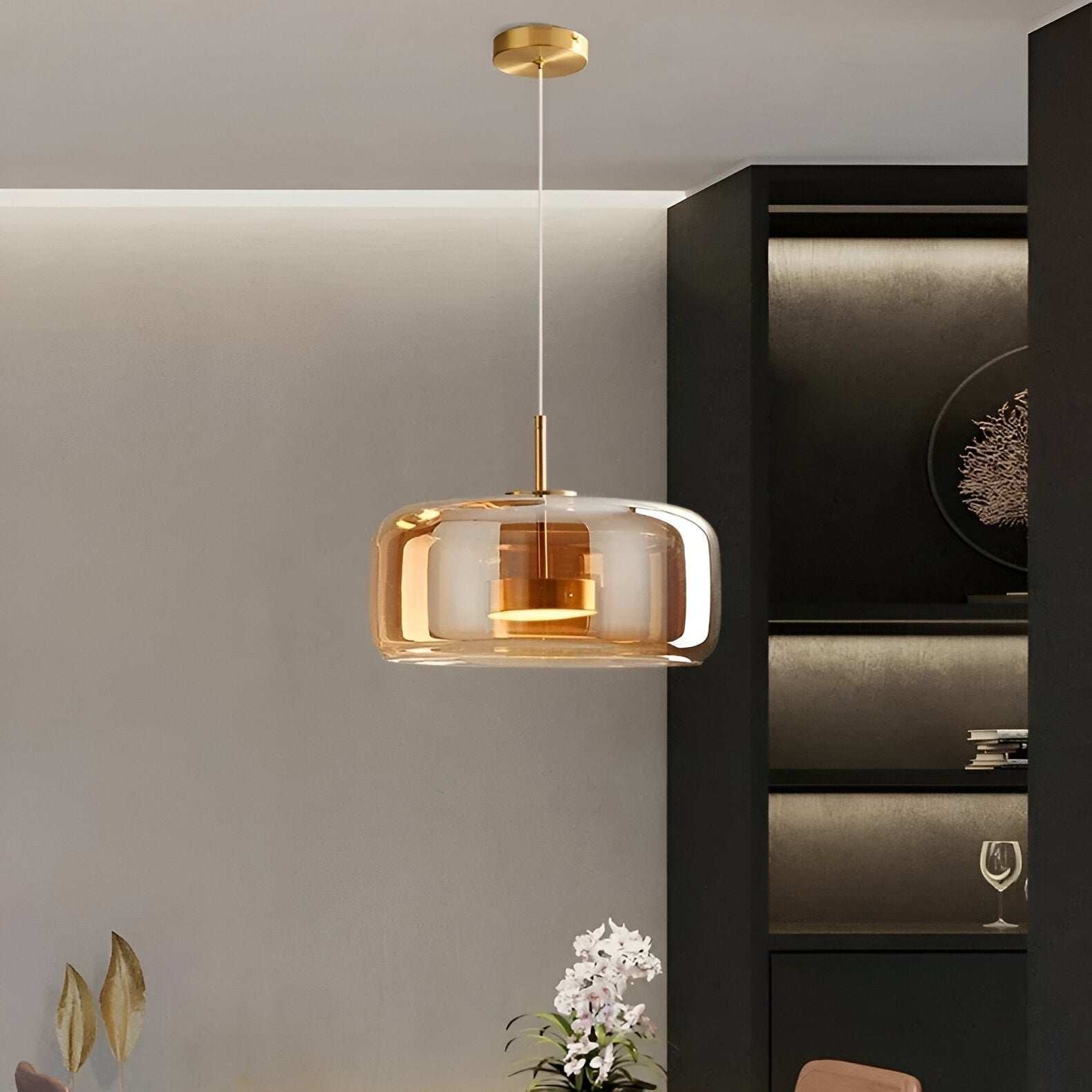 Amber Glass Dome Pendant Light – LED with Adjustable Cord