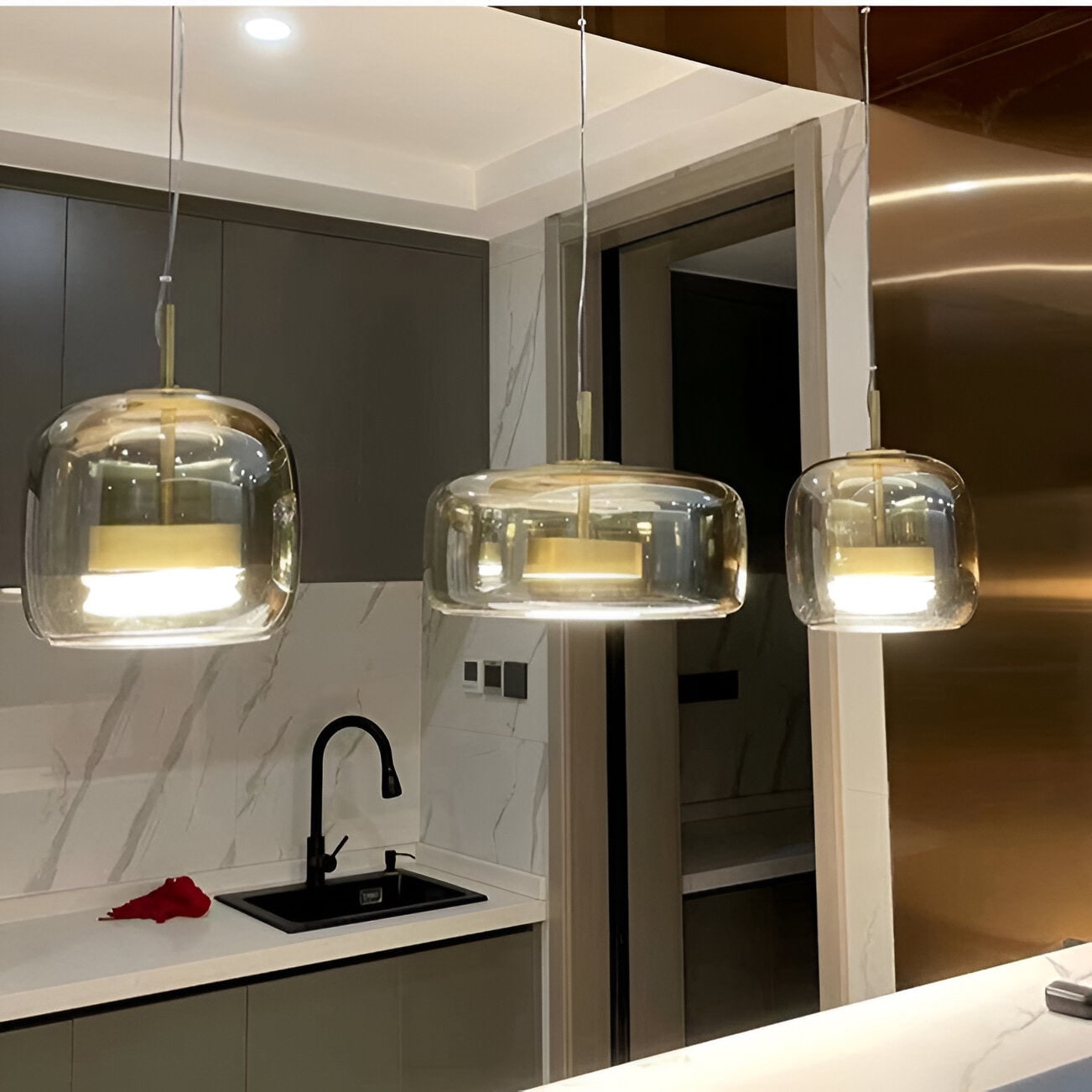 Amber Glass Dome Pendant Light – LED with Adjustable Cord
